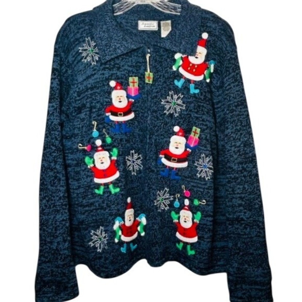 Jennifer Lauren Heather Blue Christmas Santa Full Zip Cardigan Sweater XL